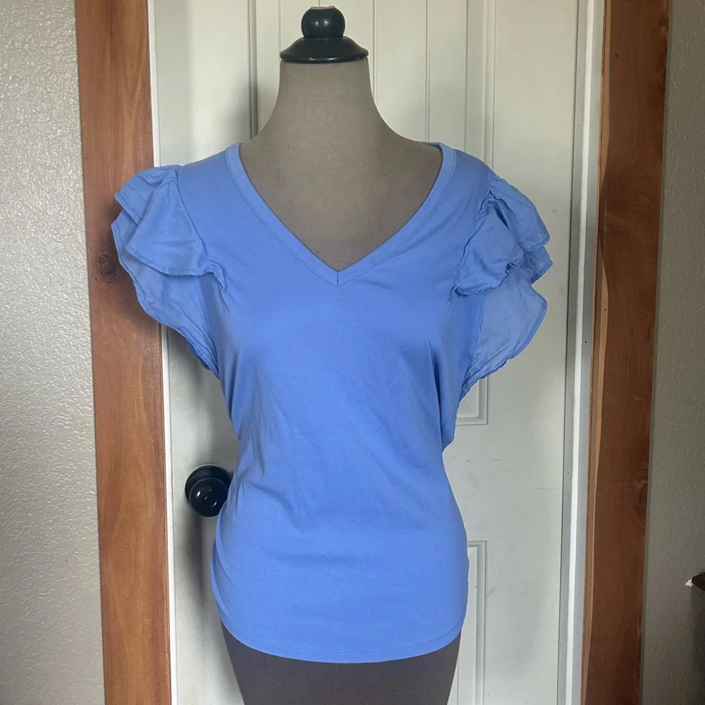 Blue Ruffle Sleeve V-Neck Top Ralph Lauren - Picture 1 of 6